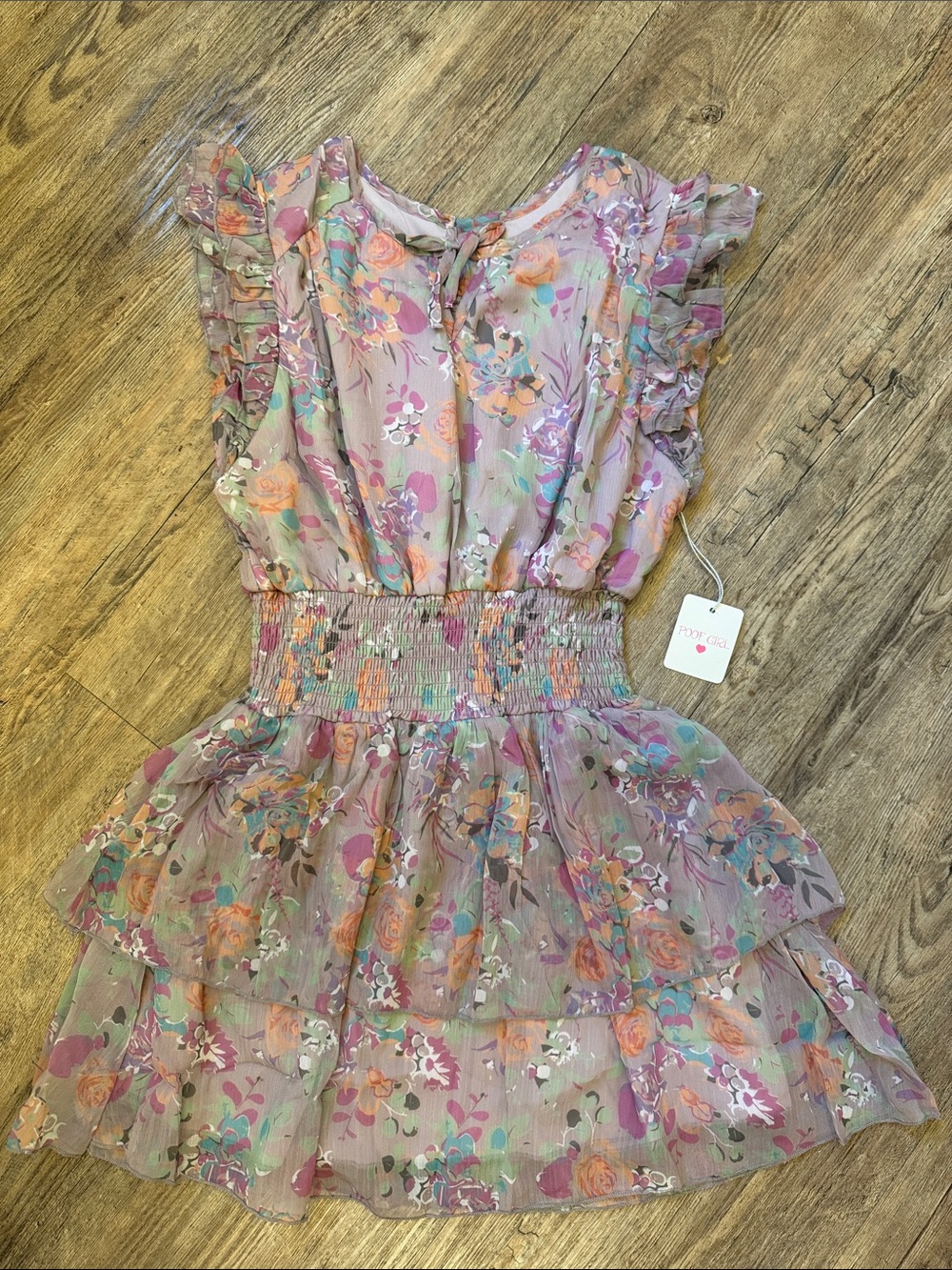 Girls Mauve Floral Ruffle Dress with Smocked Waist